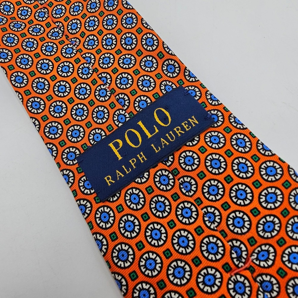 Polo Ralph Lauren Silk Tie Orange Geometric Medallion Handmade Italy Mens